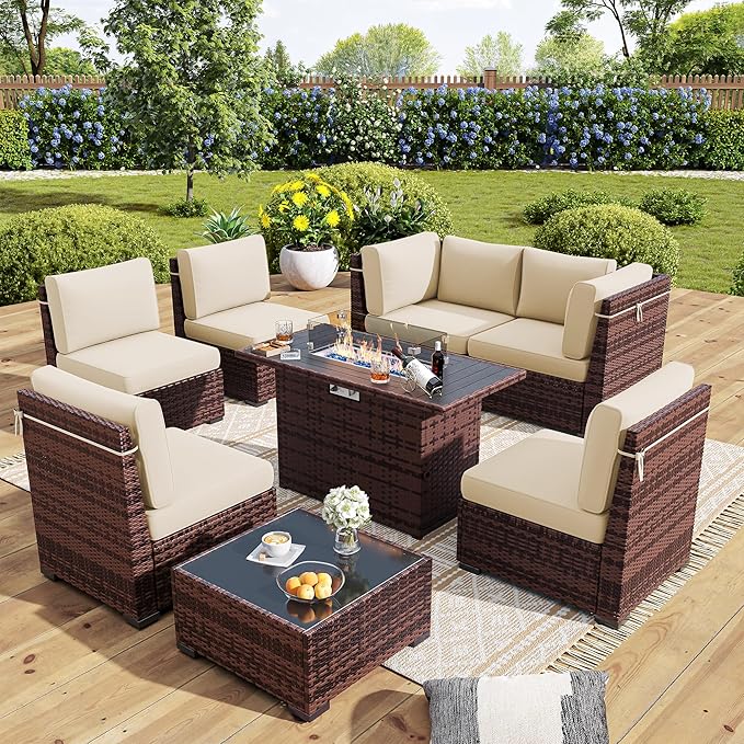 Outdoor Patio Furniture Set with 44" Fire Pit Table 8 Pieces Rattan Patio Sectional Sofa Conversation Set w/55000 BTU Propane Gas Fire Pit, Coffee Table, 2 Waterproof Covers, Khaki