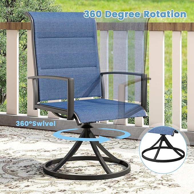 DIFY 5 Piece Outdoor Dining Set, Metal Patio Table and Chairs Set, 40.6" Black Round Dining Table & 4 Blue Padded Textilene Swivel Patio Chairs, Outdoor Furniture Set for Garden Backyard Porch