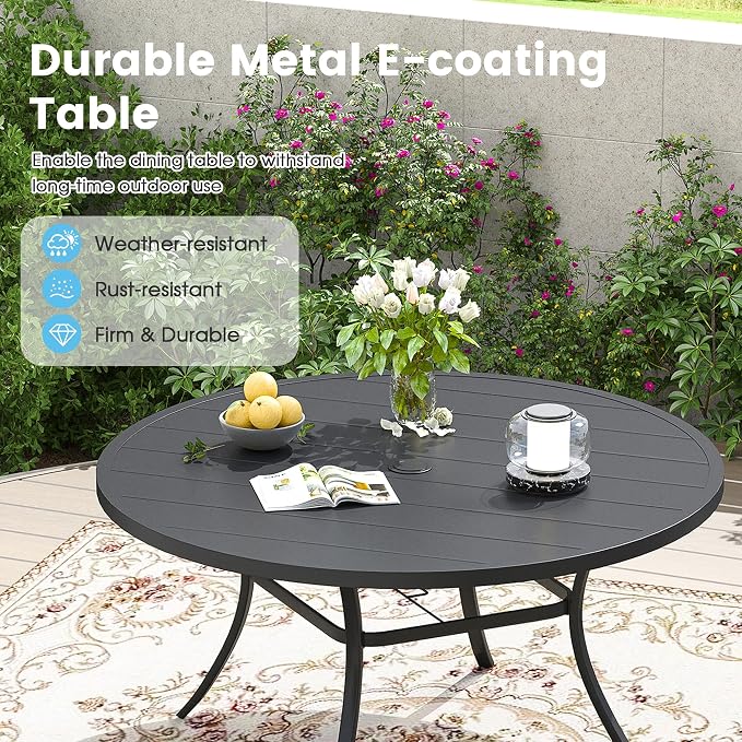 7 Pieces Patio Furniture Dining Set, 6 Textilene Swivel Dining Chairs, 53" Outdoor Round Metal Table with 1.57" Umbrella Hole, Outdoor Dining Set for Porch, Lawn, Garden, Black/Blue