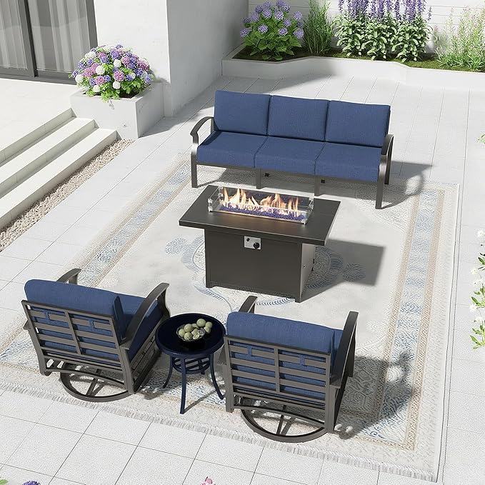 Aluminum Patio Furniture Set with 55,000 BTU Propane Fire Pit Table,5 Seats Metal Modern Outdoor Furniture w/5.1" Cushions,Patio Sectional w/Swivel Chairs for Backyard,Patio,Navy Blue