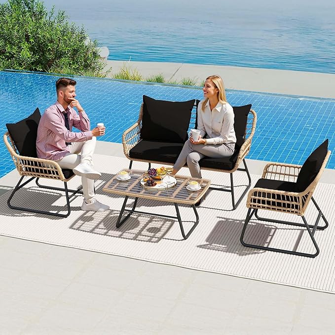 YITAHOME 4-Piece Patio Furniture Wicker Outdoor Bistro Set, All-Weather Rattan Conversation Loveseat Chairs for Backyard, Balcony and Deck with Soft Cushions and Metal Table, Light Brown+Black