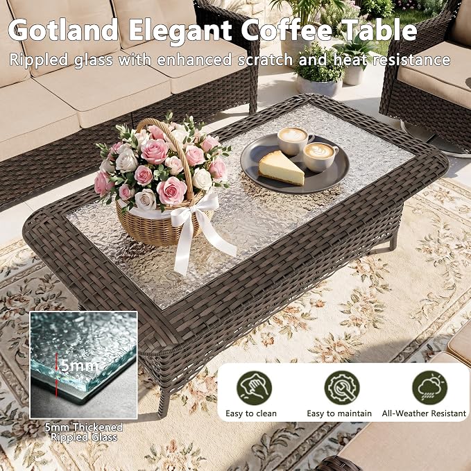 Gotland 7-Pcs Patio Conversation Set, Outdoor Thick Wicker Sectional Sofas with 2 Swivel Rocker Chairs, High Back Sectional Couch, Outdoor Furniture Set for Backyard, Deck, Porch, Khaki