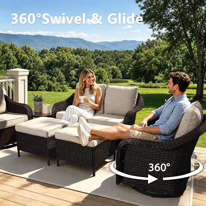 5 Piece Patio Wicker Conversation Set, All-Weather Use Outdoor Wicker Loveseat with 2 PE Rattan Ottomans,2 Swivel Chair, Ideal for Porch, Backyard, Balcony, Poolside, Beige