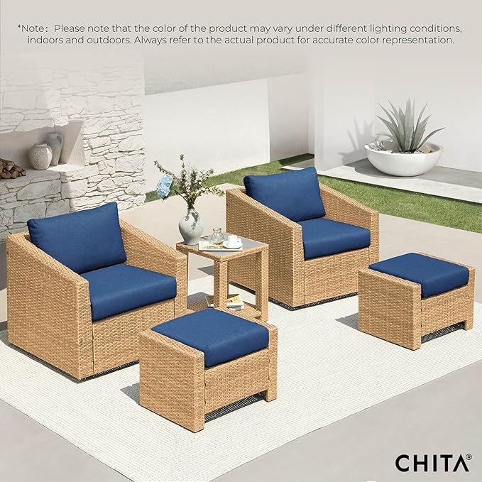 CHITA 5 Pieces Swivel Wicker Patio Furniture Set, Outdoor Conversation Set with 2 Pieces Rattan Swivel Chairs, 2 Pieces Ottomans, Thickened Cushions and Side Table, Blue Cushions with Brown Wicker