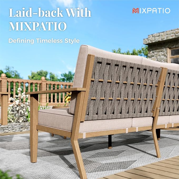 MIXPATIO 5-Piece Patio Outdoor Conversation Furniture Set with 2 Swivel Chairs, Steel Modern Outdoor Patio Conversation Sets with Waterproof Thick Cushions for Porch, Balcony, Backyard-Beige
