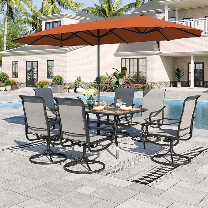 Sophia & William Patio Set with Umbrella Patio Dining Set for 6 with 13ft Rectangle Patio Umbrella Red, 6 x Patio Chairs Grey, 1 Wood Like Outdoor Dining Table with Umbrella Hole for Lawn Garden