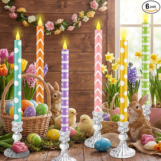 Honoson 6 Pcs Mother's Day Flameless Taper Candles 10.6 Inch Colorful Geometric Candles Battery Operated LED Candlesticks for Summer Dinner Table Home Party Decor