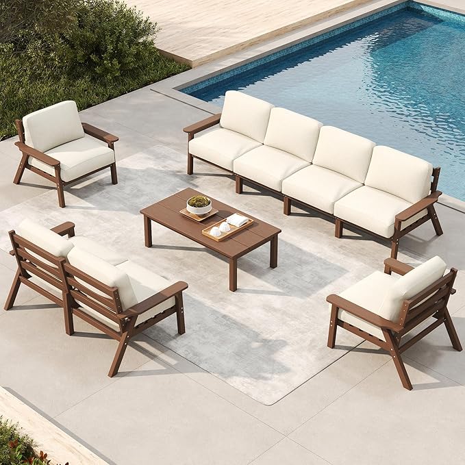 Patio Furniture Set 8 Seats, HDPE Outdoor Sectional with Beige Washable Thick Cushions, Coffee Table, Patio Conversation Sets for Lawn, Garden, Porch, Balcony, Deck (Brown Frame)