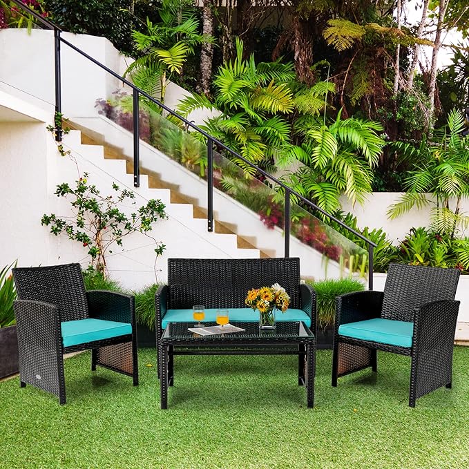 Tangkula 8 Pieces Rattan Furniture Set, Outdoor Conversation Set w/Chair & Loveseat & Tempered Glass Coffee Table, Suitable for Garden, Backyard, Poolside, Patio Furniture Set for 8 (2, Turquoise)