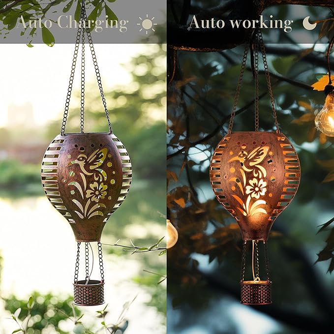 TERESA'S COLLECTIONS 1 Pack Hummingbird Hot Air Balloon Hanging Solar Lantern for Garden Decor,10.6 Inch Outdoor Lights for Tree Yard Decorations,Patio Yard Front Porch Lawn Ornaments as Gifts for Mom