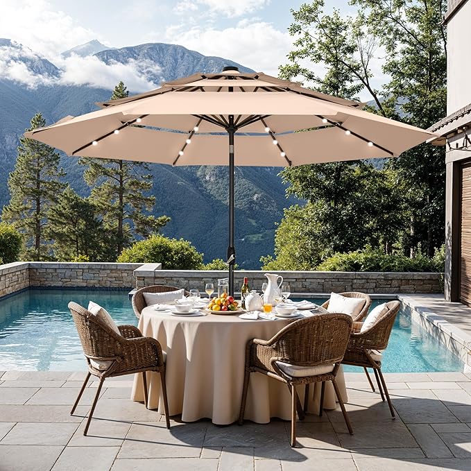 Sophia & William 10ft Patio Umbrellas 3-Tier Umbrella Outdoor Patio Umbrellas with Lights Vented Top 24 LED lights Adjustable Tilt for Pool Garden Backyard, Beige