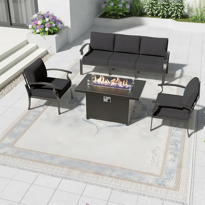 Aluminum Patio Furniture Set with 55,000 BTU Propane Fire Pit Table,5 Seats Metal Modern Outdoor Furniture w/5.1" Cushions,Patio Sectional for Backyard,Patio,Black