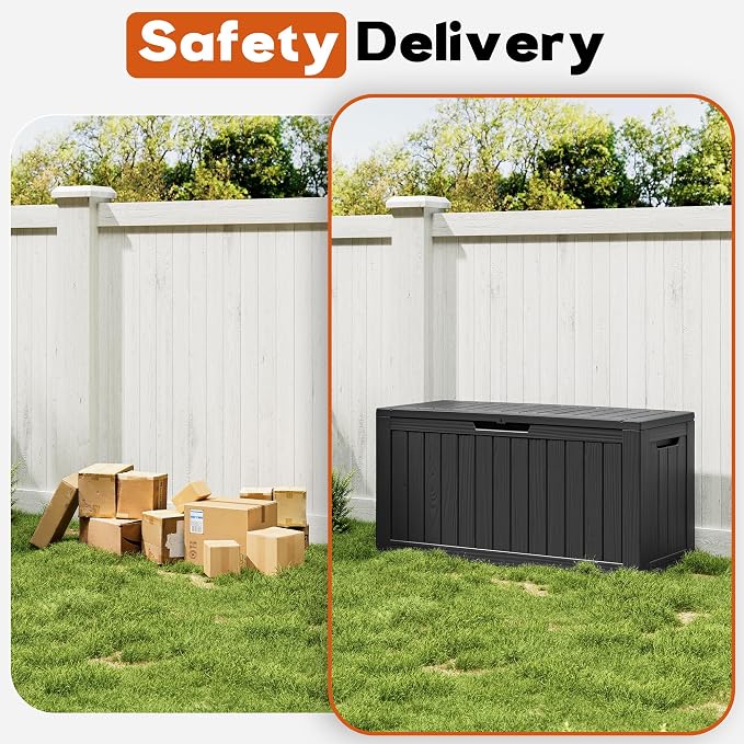 Outdoor Storage Box, Resin Deck Boxes Indoor and outdoor, Waterproof Storage Box Lockable Lid (Black, 80 Gallon)