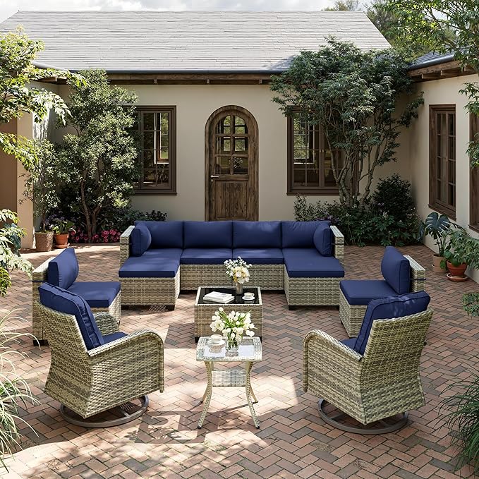 12-Piece Patio Furniture Set, Outdoor Patio Furniture with Swivel Chairs Set, Ottomans, Modular Patio Sofa, Dual-Strand Wicker Rattan, Rust-Resistant Frame, Navy Blue