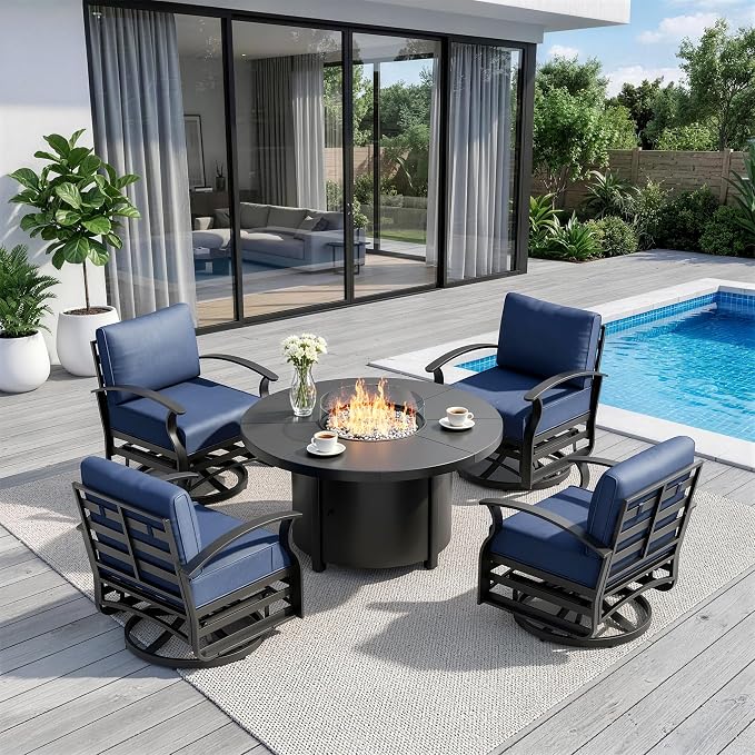 5 Piece Aluminum Outdoor Patio Furniture Set with 48" Round Propane Fire Pit, Outdoor Dining Table Set with 4 Aluminum Swivel Chairs, Outdoor Furniture Set with Fire Pit for Porch, Balcony, Navy
