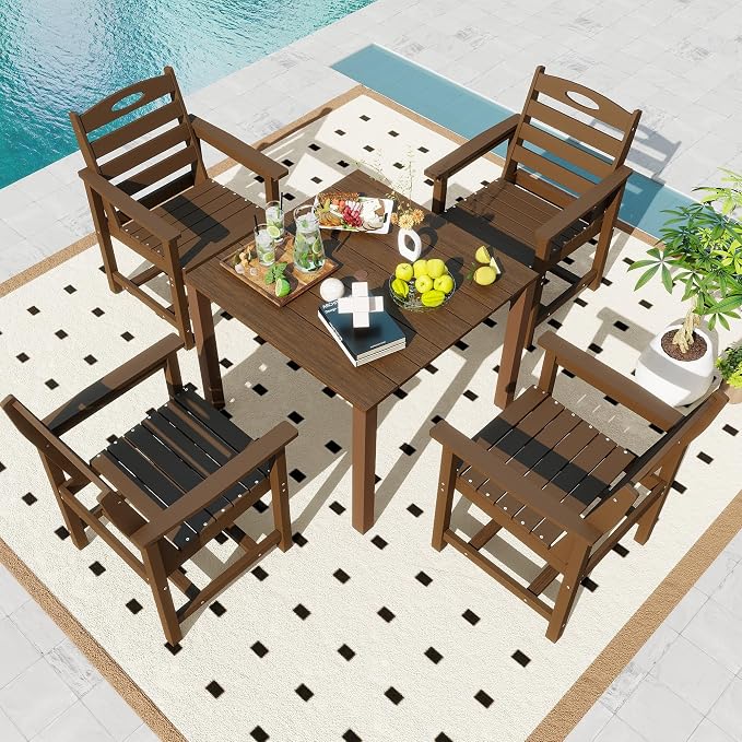 Domi HDPE Outdoor Dining Set, All-Weather Outdoor Dining Table Set of 5 with 2" Umbrella Hole, Outdoor Patio Dining Set for Garden, Poolside, Backyard, Deck, Brown