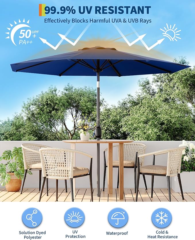 GarveeLife Outdoor Patio Umbrella, Table Market Umbrella with Push Button Tilt and Crank, 8 Sturdy Ribs UV Protection Waterproof for Garden, Deck, Backyard, Pool