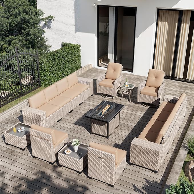 16 Pieces Patio Furniture Set with Fire Pit Table, Outdoor Sectional Wicker Sofa with Thick Cushions, High Back Swivel Rocker Patio Chairs, Rattan Conversation Set with Coffee Table, Khaki