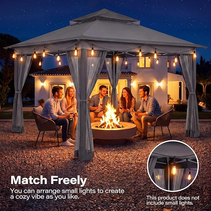 LAUSAINT HOME 11x11 Pop Up Gazebo Canopy Tent with Mosquito Netting, Instant One-Push Setup, Adjustable Height Outdoor Canopy Shelter with Carry Bag for Patio, Backyard, Camping, Parties & BBQs, Gray