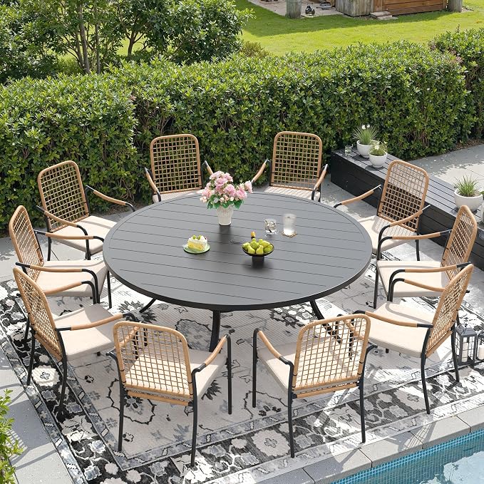 DIFY 11 Pieces Outdoor Dining Set for 10, 63" Round Dining Table with Umbrella Hole & Wicker Stackable Patio Chairs with Cushions, Metal Patio Table and Chairs Set for Backyard Porch Garden, Black