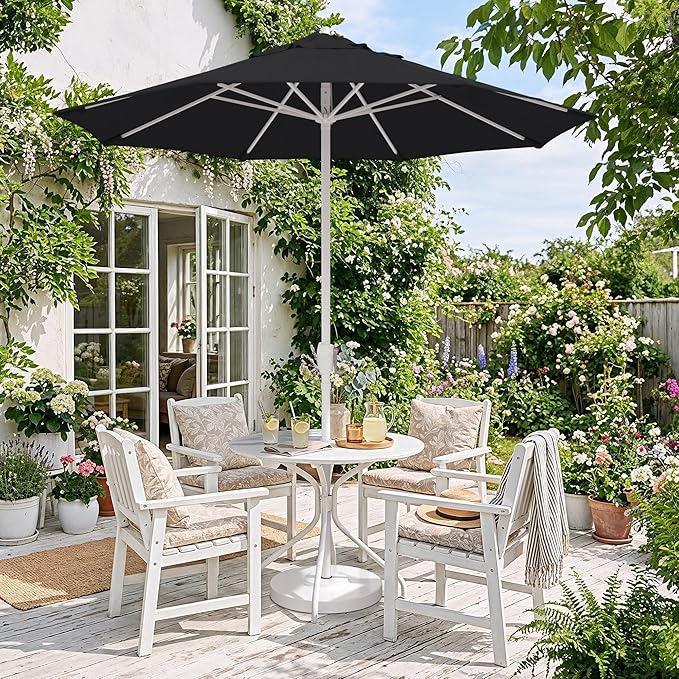 California Umbrella 8-Year Protection 7.5 Ft Outdoor Patio Umbrella, Solstice Fade-Resistant Fabric, Auto-Tilt, Heavy Duty Aluminum Frame, 8 Reinforced Ribs for Pool or Deck, White Pole, Black
