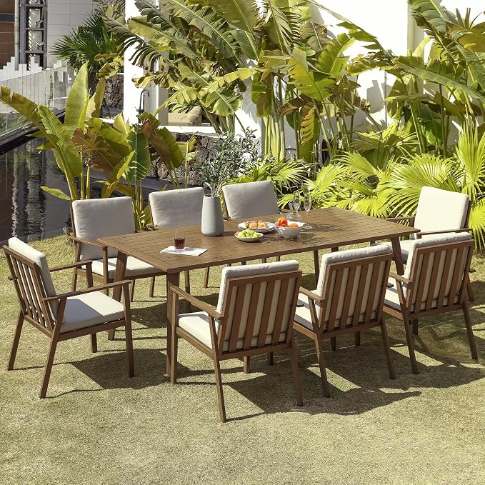 9 Pieces Patio Dining Set for 8, Aluminum Outdoor Dining Table Sets with Umbrella Hole, Modern Outdoor Patio Furniture Set with 8 Chairs and Table for Backyard, Poolside and Deck,Teak