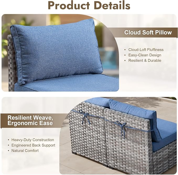 9 Pieces Patio Furniture Set, Wicker Outdoor Sectional Sofa with Swivel Chair Comfy Cushions, Modern Modular Deep Seat Rattan Couch Conversation Set for Backyard Porch Yard,Denim Blue