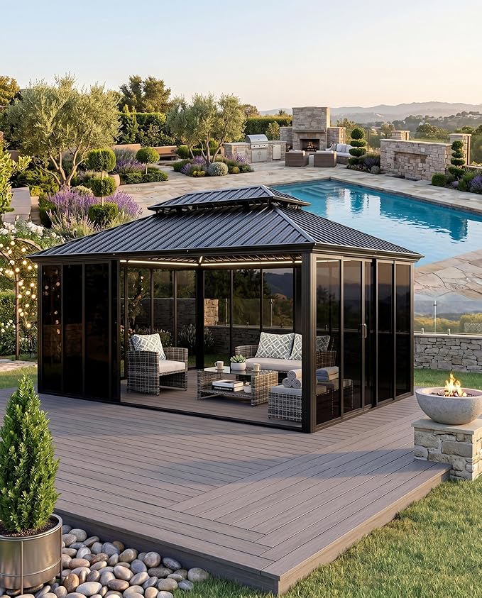 12x20 ft Hardtop Gazebo Sunroom, All-Season Outdoor Room with Aluminum Frame, Enclosed Patio Solarium with Polycarbonate Sliding Doors & Double Roof for Backyard, Deck, and Hot Tub Enclosure