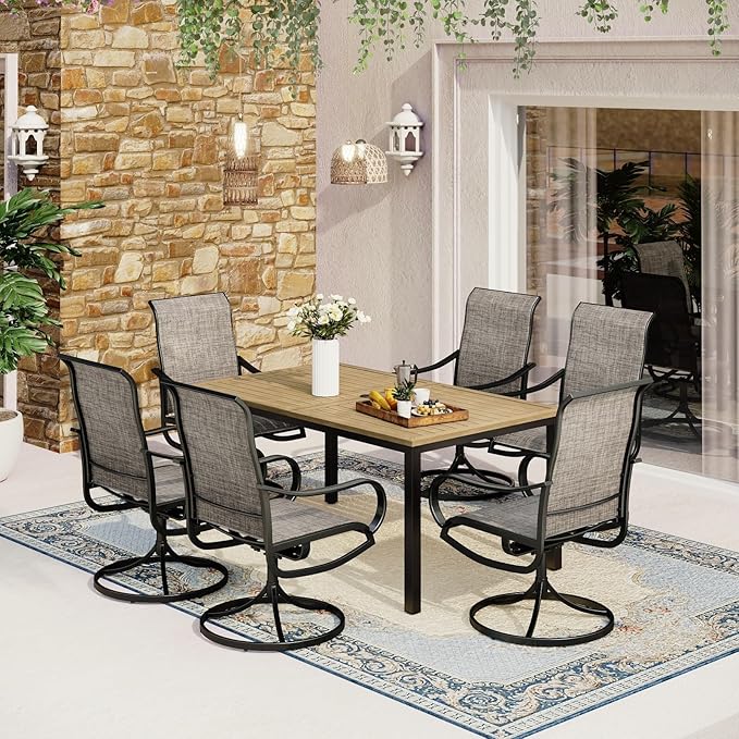 MFSTUDIO Patio Table and Chairs Set of 6, Outdoor Dining Set for 6 with Umbrella Hole, Outdoor Patio Furniture Set for Deck, Backyard, Poolside & Garden
