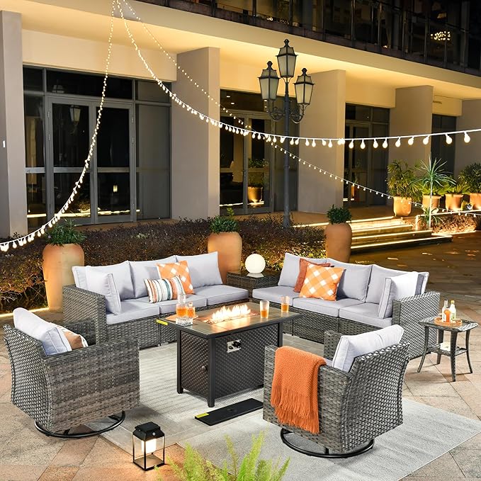 ovios 11 Piece Outdoor Patio Furniture Set with Fire Pit Table,Conversation Sectional Wicker Couch with Swivel Chairs,Modern Outside Sofa for Balcony Backyard, Grey