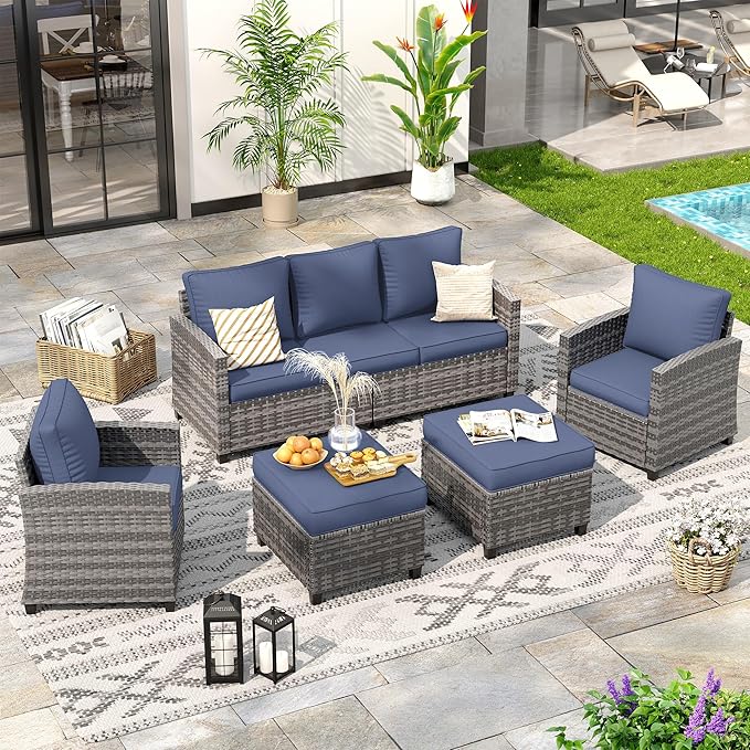Patio Furniture Set, 5 Pieces Outdoor Sectional Sofa Couch with Chairs, Ottomans and Thick Cushions, All Weather Wicker Rattan Patio Conversation Set Navy Blue
