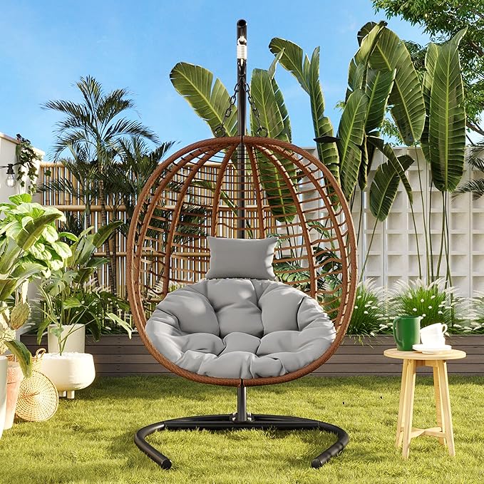 Folding Egg Chair, Outdoor Hanging Hammock Chair with Stand, Patio Wicker Hanging Chair with Iron Frame and Plush Cushion & Removable Headrest for Bedroom, Balcony, Garden (C-BrownGray)