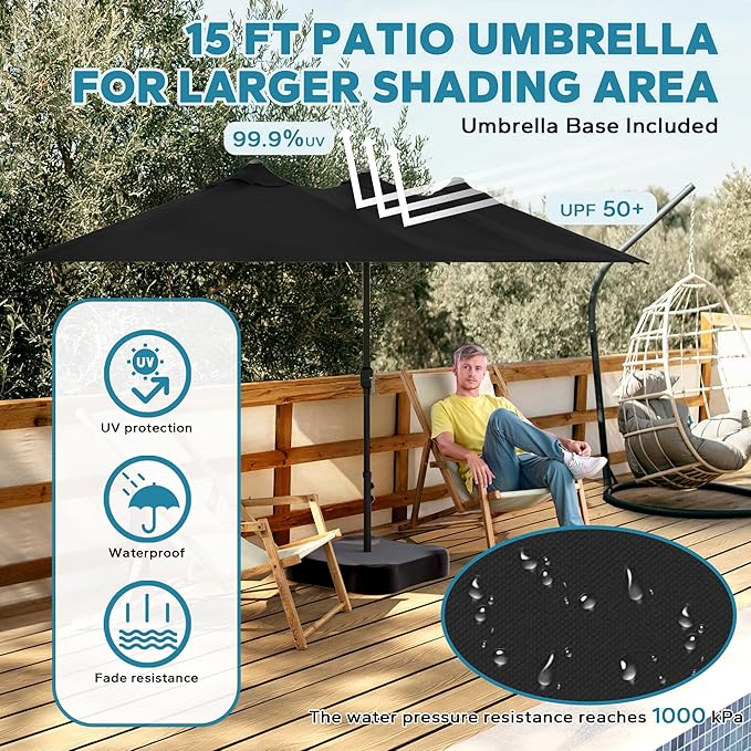 15ft Large Double-sided Pool Umbrella with Base Included, Outdoor Patio Umbrella with Crank Handle, Market Umbrella for Garden, Backyard (Black)
