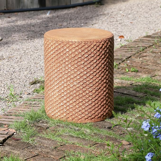 Outdoor Patio Round MGO Side Table, Weather-Resistant Synthetic Rattan Woven Brown Accent Table for Garden, Living Room, Boho Coastal Decor,Brown