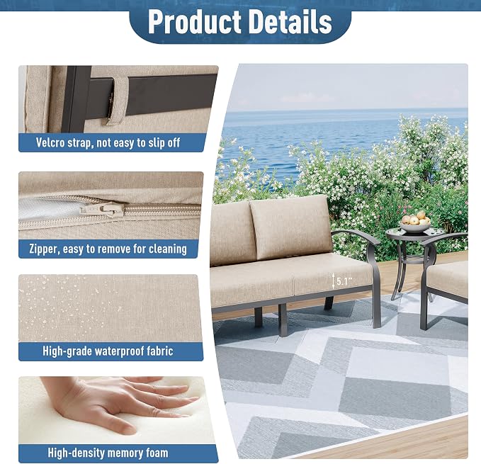 Kurapika Aluminum Patio Furniture Set 5-Seat Modern Outdoor Conversation Sets w/Swivel Rocking Chairs with Rectangular Coffee Table, Sand