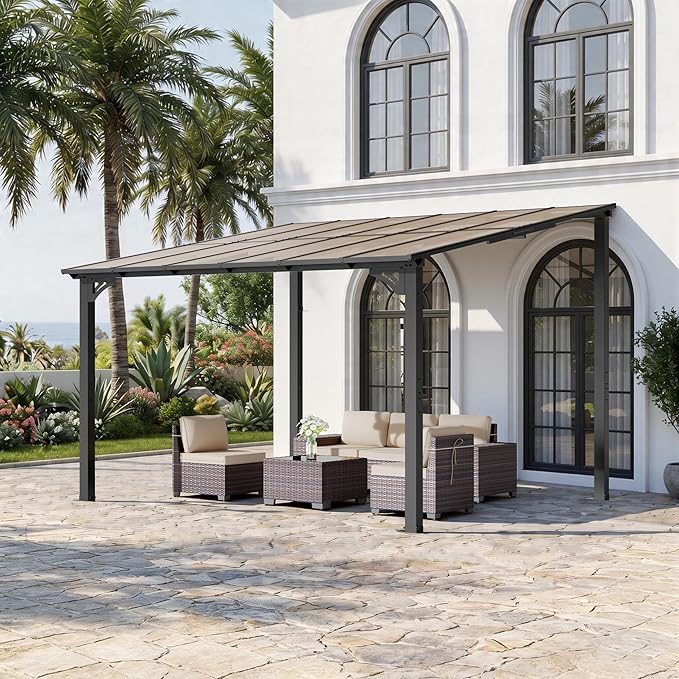 ALAULM 10'x 12' Outdoor Hardtop Pergola,Wall Mounted Lean to Gazebo with Sloped Sun Panel Roof,Galvanized Metal Frame,Sunshade for Patio, Backyard, Deck and Poolside