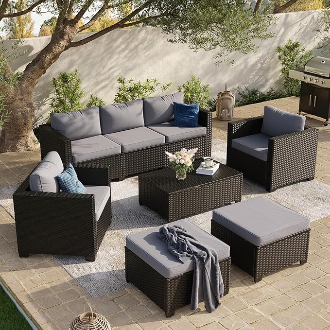 Aoxun 8 Piece Outdoor Patio Furniture Set 7 Seats, Outdoor Sectional with Thick Waterproof Cushions & Storage Coffee Table, Patio Conversation Sets for Garden,Backyard, Porch, Balcony, Deck, Gray