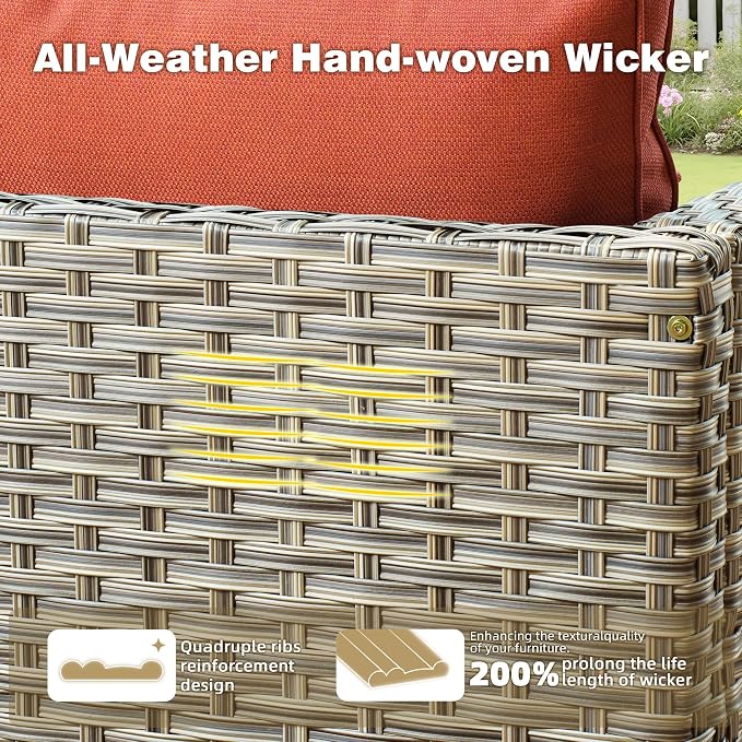 CAODOC 11 Pieces Outdoor Patio Furniture Set, Rattan Wicker Sectional Swivel Rocker Chairs Sets with Fire Pit, Swivel Glider Chairs, and Solar Powered Table