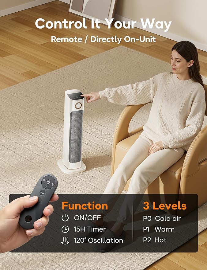Patio Heater And Fan Combo for Indoor Use with 3 Heat Levels,Space Backyard Room Indoor,1500W Tower Portable Electric Space Outdoor with Remote,Infrared Heater,15H Timers,Quiet,for Office, White
