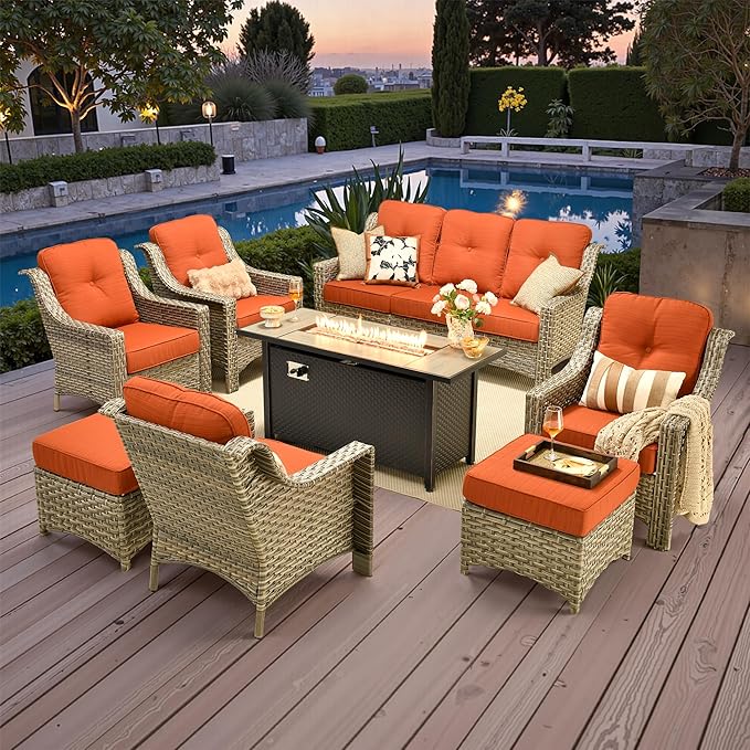 Outdoor Patio Furniture Sets, 8 PCS Patio Conversation Set Outside Rattan Sofa with 54 in Fire Pit Table Comfy Cushions Fit Backyard Porch Garden Poolside Balcony,Coarse Stripes Red