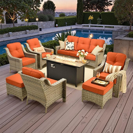 Outdoor Patio Furniture Sets, 8 PCS Patio Conversation Set Outside Rattan Sofa with 54 in Fire Pit Table Comfy Cushions Fit Backyard Porch Garden Poolside Balcony,Coarse Stripes Red