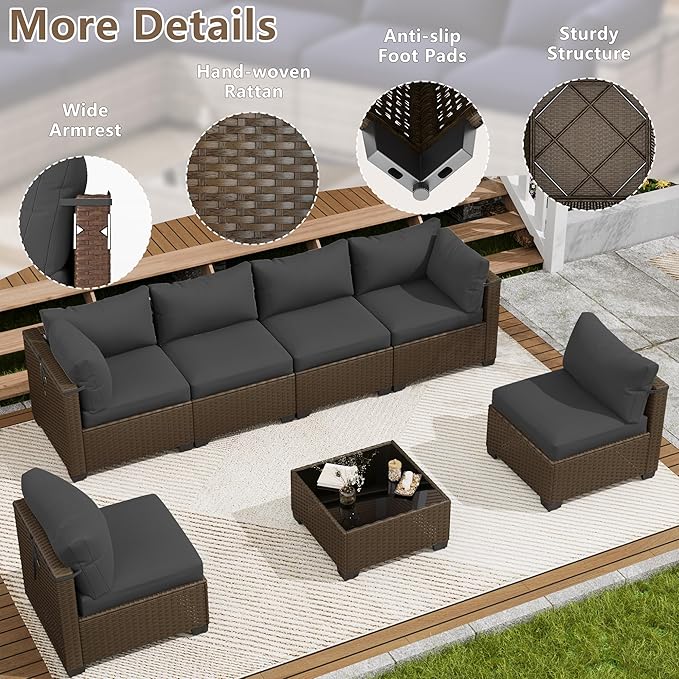 7 Piece Outdoor Patio Furniture Set, Rattan Chairs Glass Table Wicker Conversation Seating Sectional Sofa with Cushions (Brown-Dark Grey, 7Pcs-Straight Back)