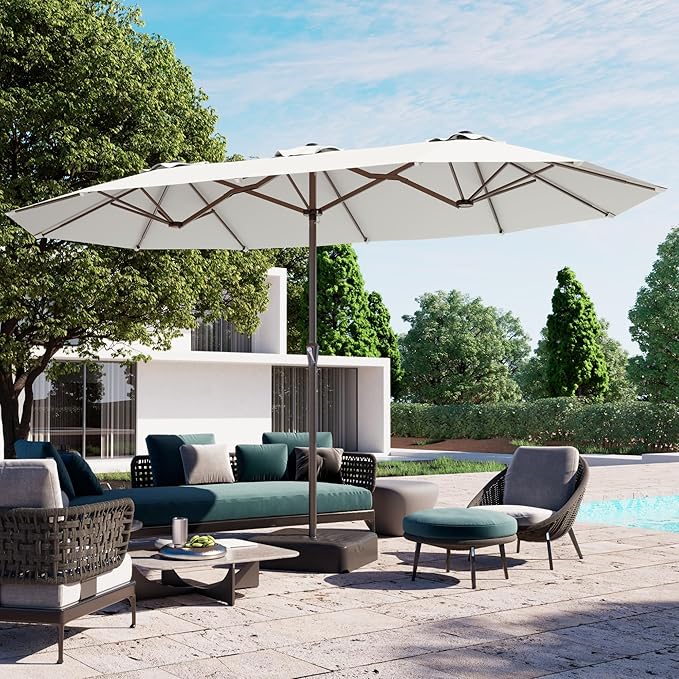 PatioKingdom 15FT Large Patio Umbrella with Base, Double Sided Rectangular Outdoor Umbrella with Sturdy Fiberglass Ribs, Market Umbrella for Pool,Garden,Backyard,Deck (Creamy-white, 15FT)