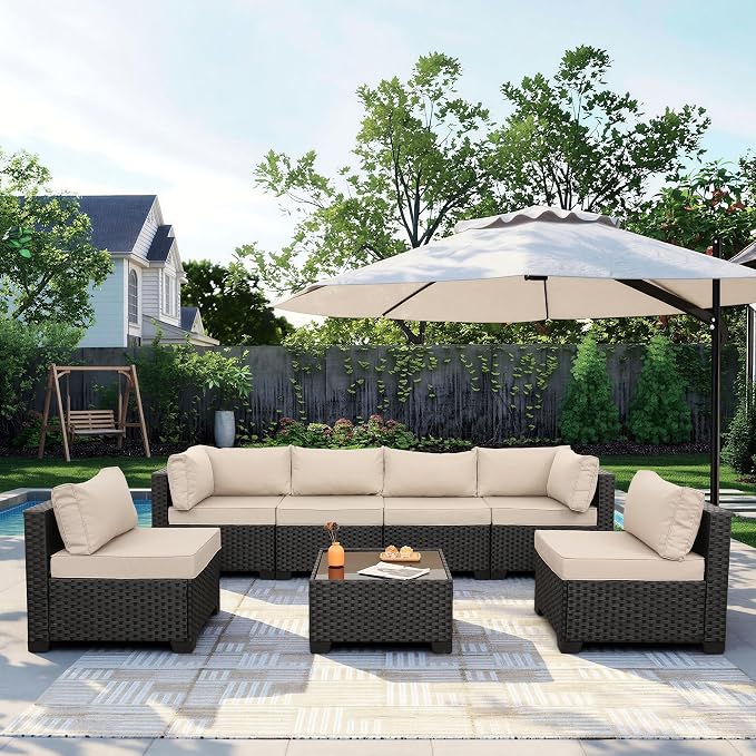 Rattaner 7 Pieces Black Wicker Patio Furniture Conversation Set Outdoor Sectional Sofa Glass Coffee Table with Non-Slip Cushions and Furniture Cover, Khaki