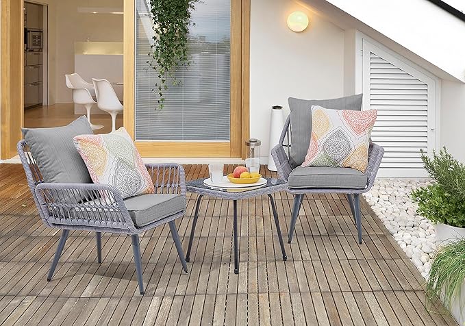Manhattan Comfort Cannes 3-Piece Patio Conversation Set, Outdoor Furniture | Includes Modern Cushioned Rope Wicker Chairs & End Table, Removable & Washable Cushions, Tempered Glass Tabletop, Grey