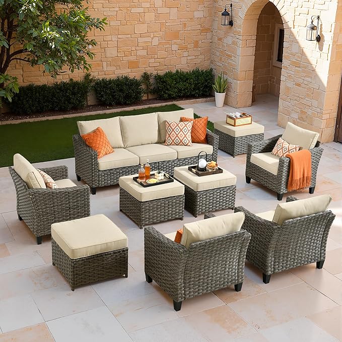 Patio Furniture Set, 7 Pieces Outdoor Wicker Rattan Sofa Couch with 4 Chairs, Ottomans and Comfy Cushions, All Weather High Back Conversation Set Garden Backyard, Brown Rattan Beige Cushions