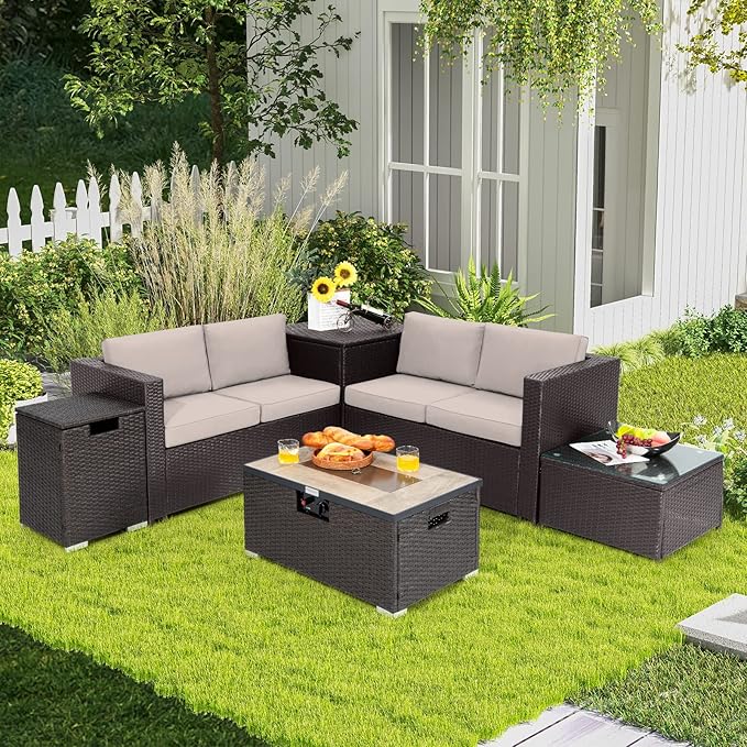 Tangkula 6 Pieces Patio Wicker Furniture Set with 32 Inches Propane Fire Pit Table and Tank Holder, Outdoor Conversation Set with Storage Box and Coffee Table, 2 Waterproof Covers Included (Beige)