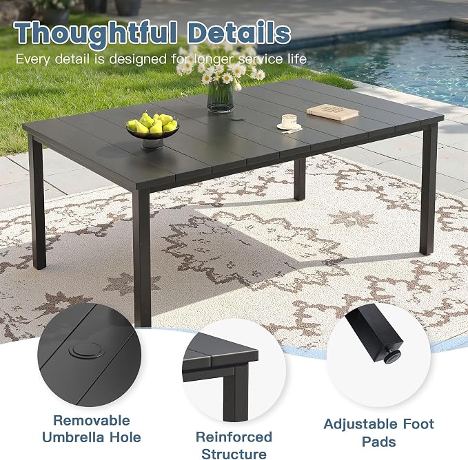 DIFY 7 Piece Outdoor Dining Set for 6, 63" Black Rectangle Metal Dining Table with Umbrella Hole and Stackable Wicker Patio Chairs, All-Weather Patio Table and Chairs Set for Deck Garden Backyard