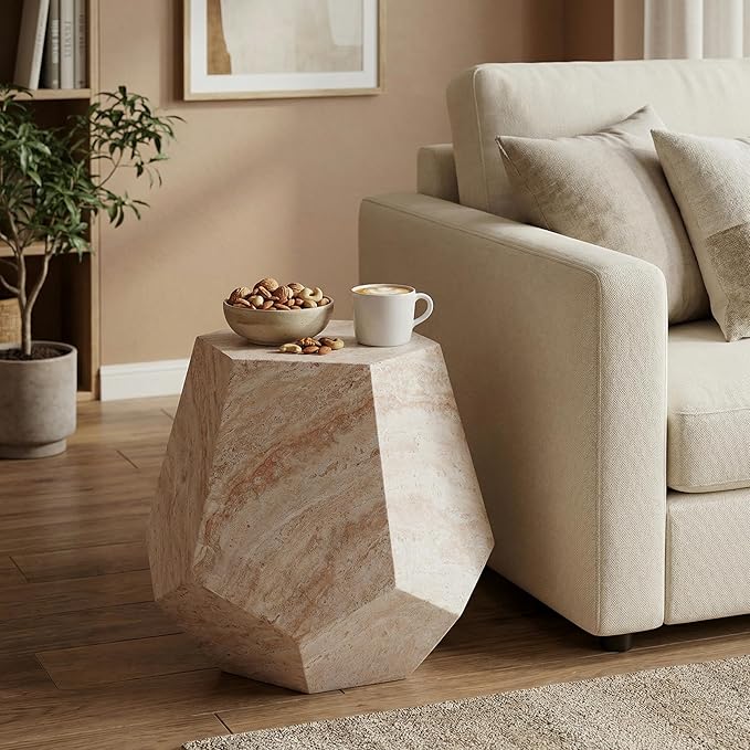 18.75" Outdoor Indoor Lightweight Concrete Side Table,Beige | Hexagonal Round Travertine Accent End Table