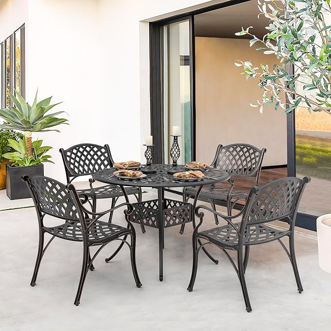 NUU GARDEN 5 Piece Outdoor Patio Dining Set, Cast Aluminum Round Dining Table with Umbrella Hole and Patio Dining Chairs for Patio, Garden, Backyard, Balcony, Black with Gold-Painted Edges